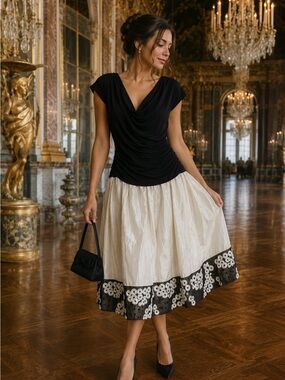 S.L. Fashions Cream Midi Skirt with Black Floral Border M